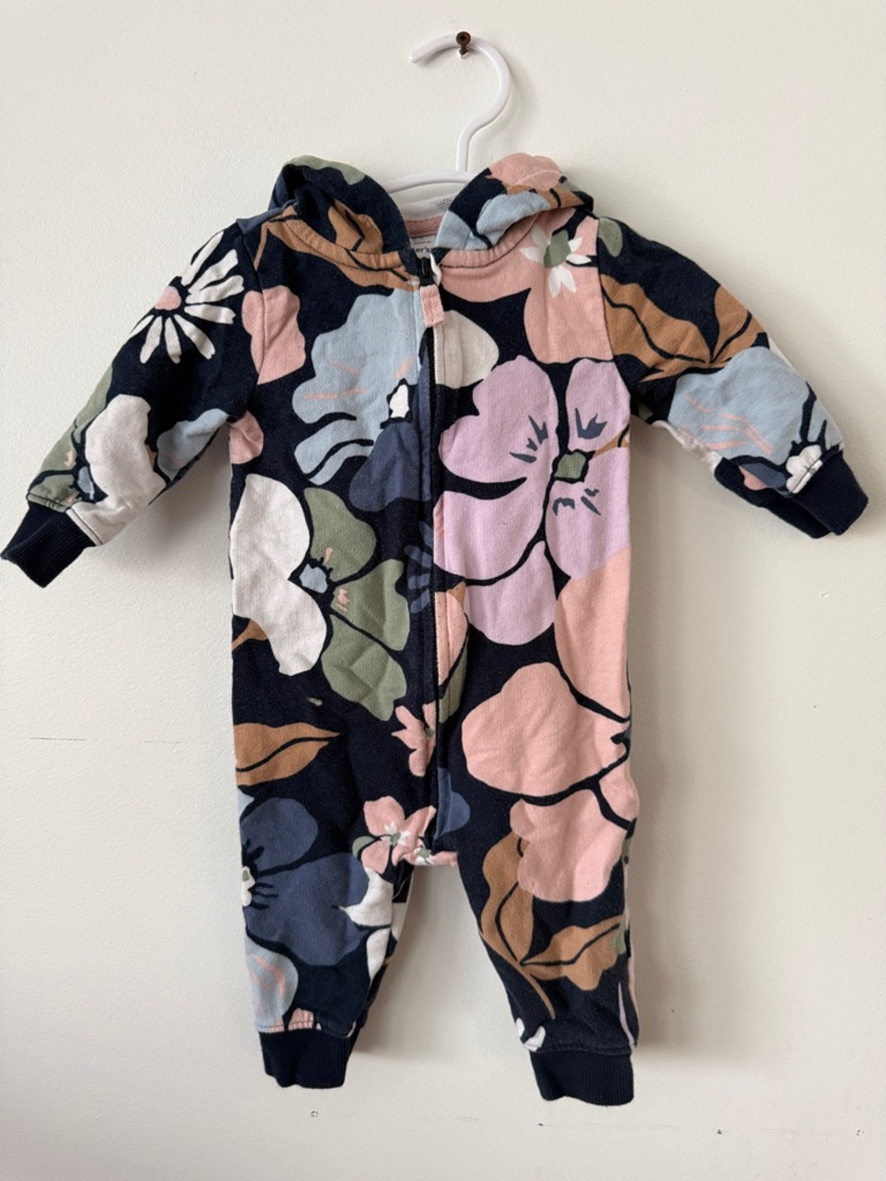 Carter's Navy Floral Zip-Up Hooded One-Piece